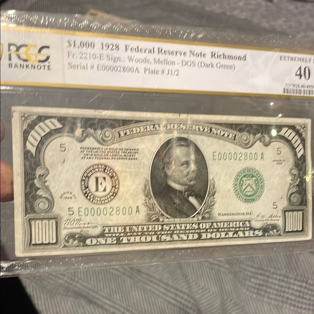 $1000 1928 Federal Reserve Note Richmond
Fr. 2210-E Sign.:Woods, Mellon DGS